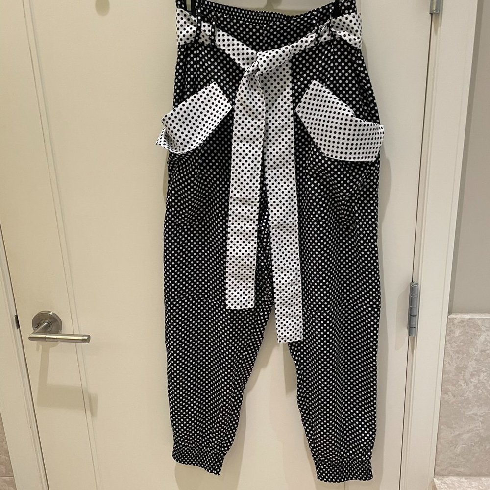 AMUR casual pants, Black and White Polka Dot, size small.